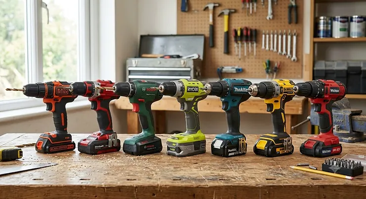 A lineup of the best budget combi drill models on a wooden workshop bench for comparison