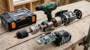 A detailed diagram showing the internal components of a cordless combi drill, including the segmented metal gear train, the copper coils of the brushless motor, and the electronic control circuit board.