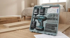 A budget combi drill kit box containing two batteries, a charger, and a variety of drill and screwdriver bits