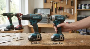 A budget combi drill contrasted with an impact driver to show the differences for UK DIYers
