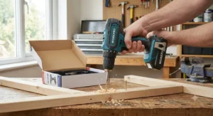 Using a cheap budget combi drill to drive a wood screw into a timber batten during a home DIY project