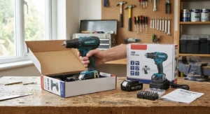 Unboxing a cordless budget combi drill with its lithium-ion battery and charger set out clearly