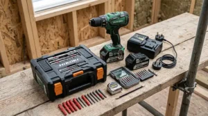 A complete 18V cordless combi drill set laid out on a weathered wooden workbench. It includes the drill, a plastic carry case, a spare lithium-ion battery, a UK 3-pin plug charger, assorted drill and screwdriver bits, and wall plugs.