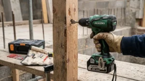 A carpenter’s hand in a leather glove firmly grips a green and black cordless combi drill while boring through a structural timber post with a large flat spade wood bit, generating wood shavings.