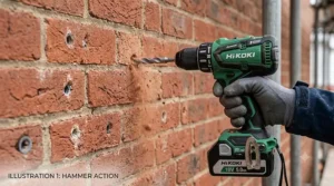 A close-up of a hand wearing a work glove using a green and black 18V cordless combi drill to bore a hole into an external red brick wall. Brick dust is visible around the masonry drill bit.