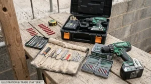 A comprehensive trade starter kit spread across a wooden workbench, featuring a green and black cordless combi drill, its plastic carry case, a canvas tool roll with chisels, sets of driver and drill bits, screws, and wall plugs.