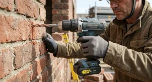 Using the hammer action mode on a 12V combi drill to drill a hole into an external brick wall.