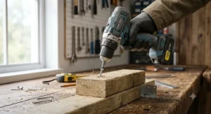 A compact 12V combi drill driving a woodscrew into a piece of timber timber during a DIY project.