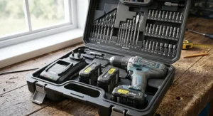 A full 12V combi drill set neatly organised inside a heavy-duty carry case with drill bits and screwdriver attachments.