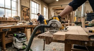 18V circular saw for joiners with dust extraction hose attached to a vacuum unit.