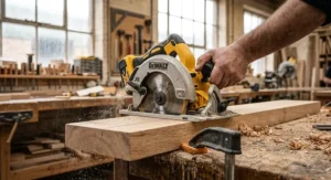 Close-up of an 18V circular saw for joiners executing a precise bevel cut on hardwood timber.