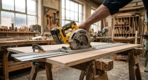Cordless 18V circular saw mounted on a guide rail system for accurate straight panel cuts.