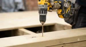 Close-up of an 18V combi drill driving a long woodscrew into a thick piece of timber during a home decking project.