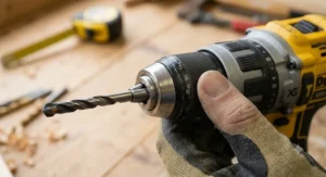 Close-up of a person tightening a masonry drill bit into the metal keyless chuck of an 18V combi drill.