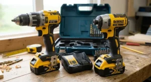 A twin pack power tool set featuring an 18V combi drill next to a matching impact driver with two batteries.