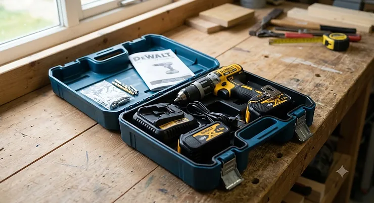 An 18V combi drill being unboxed, showing the cordless tool, lithium-ion battery, charger, and plastic carry case on a wooden workbench.
