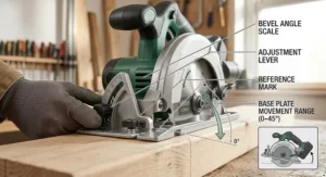 Diagram illustrating how to adjust the bevel angle scale on a cordless circular saw