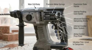 Diagram illustrating the active anti-vibration technology built into the rear handle of an ergonomic cordless SDS drill.