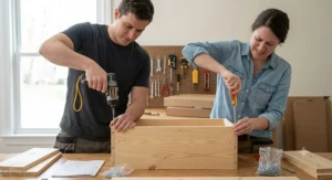 An illustration showing the speed difference when assembling flat-pack furniture using an electric screwdriver versus a manual screwdriver.