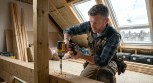 Professional British carpenter using a high-torque cordless impact driver on a construction site loft conversion.