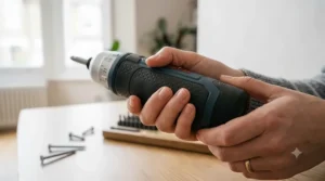 A DIYer comfortably holding a lightweight electric screwdriver showing the soft-grip ergonomic handle design.