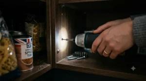 The integrated LED worklight of the best electric screwdriver illuminating a dark corner inside a kitchen cupboard.