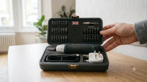 A compact storage case containing the best electric screwdriver, accessory bits, and a UK plug charger.