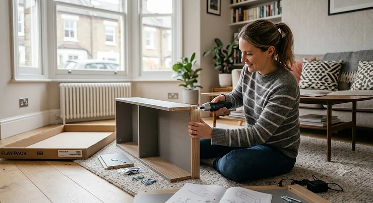 A person using the best electric screwdriver to assemble flat-pack furniture in a modern British living room.