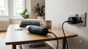 An electric screwdriver plugged into a UK mains socket adapter via a modern USB-C charging cable.