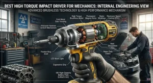 An engineering illustration highlighting the internal brushless motor components of a high torque impact driver.