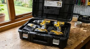 A professional power tool twin pack containing both an impact driver and a combi drill with lithium-ion batteries in a hard carry case.