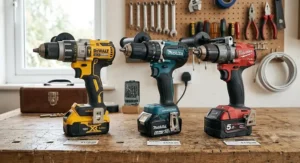 Line up of three top rated professional combi drill models for UK trade comparison