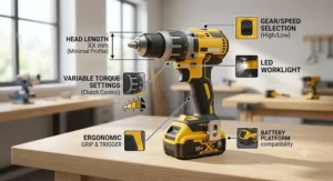 An illustration showing key features to look for in the best right angle drill including head length and torque settings