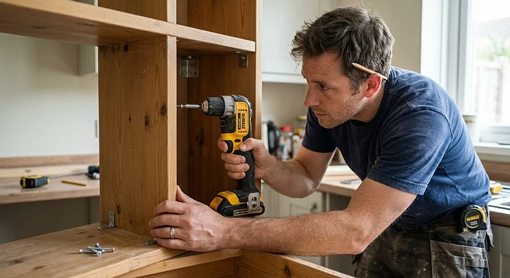A DIY enthusiast using the best right angle drill to tighten a screw in a tight kitchen cabinet corner