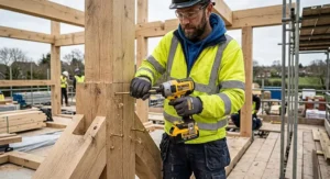 A British tradesperson using a brushless high torque impact driver to fasten structural timber joints on a building site.