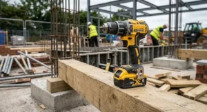 A modern brushless right angle drill with an 18V lithium-ion battery pack attached on a building site
