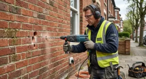 Illustration of a British tradesperson using an SDS plus hammer drill to bore holes into external red brickwork.