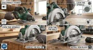 Step-by-step illustration showing how to safely remove and change the blade on a cordless circular saw