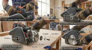 Step-by-step diagram showing how to safely change the TCT circular saw blade on a cordless track saw