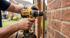 A combi drill being used with a masonry bit to drill a clean hole into a red brick wall, demonstrating its hammer action feature.