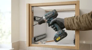 An ergonomic 12V combi drill fitting easily inside a tight space to assemble a kitchen cupboard.
