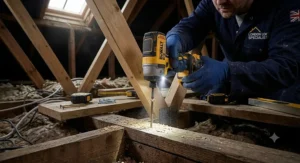 A compact impact driver with its built-in LED worklight illuminating a dark workspace during a loft conversion
