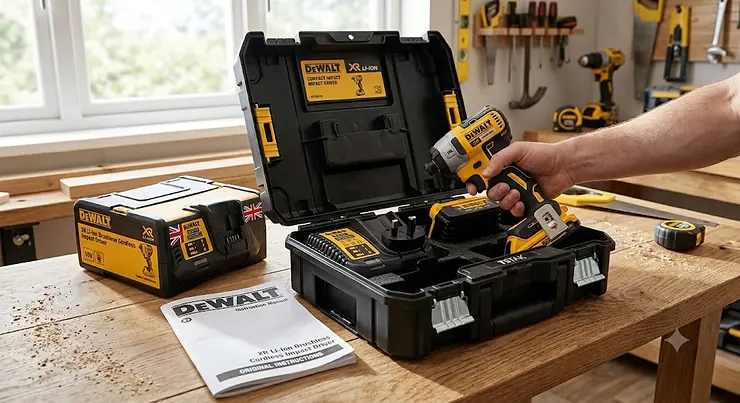 Unboxing a compact impact driver showing the hard carry case, UK charger, and instruction manual