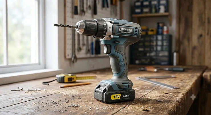 A cordless 12V combi drill with a lithium-ion battery attached, stood upright on a workbench.