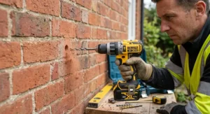 A tradesperson using a cordless 18V combi drill in hammer mode to drill a clean hole into an external red brick wall.