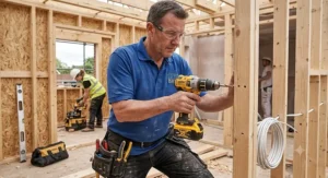 Electrician drilling pilot holes in timber framing using an 18V professional combi drill