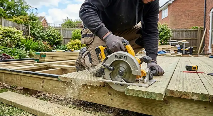 Cordless circular saw cutting through a pressure-treated timber decking board in a British garden.