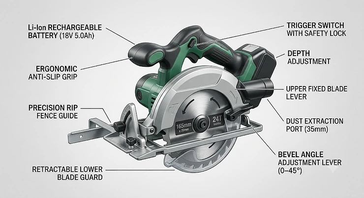 Diagram of a cordless circular saw showing the rechargeable battery, blade guard, and ergonomic grip