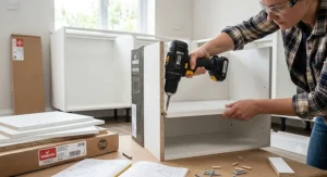 A person using a cordless combi drill on low torque clutch settings to carefully assemble flat-pack kitchen cabinets.