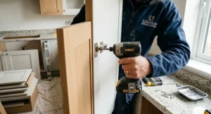 Close-up of a cordless compact impact driver being used to secure a hinge during a British kitchen installation